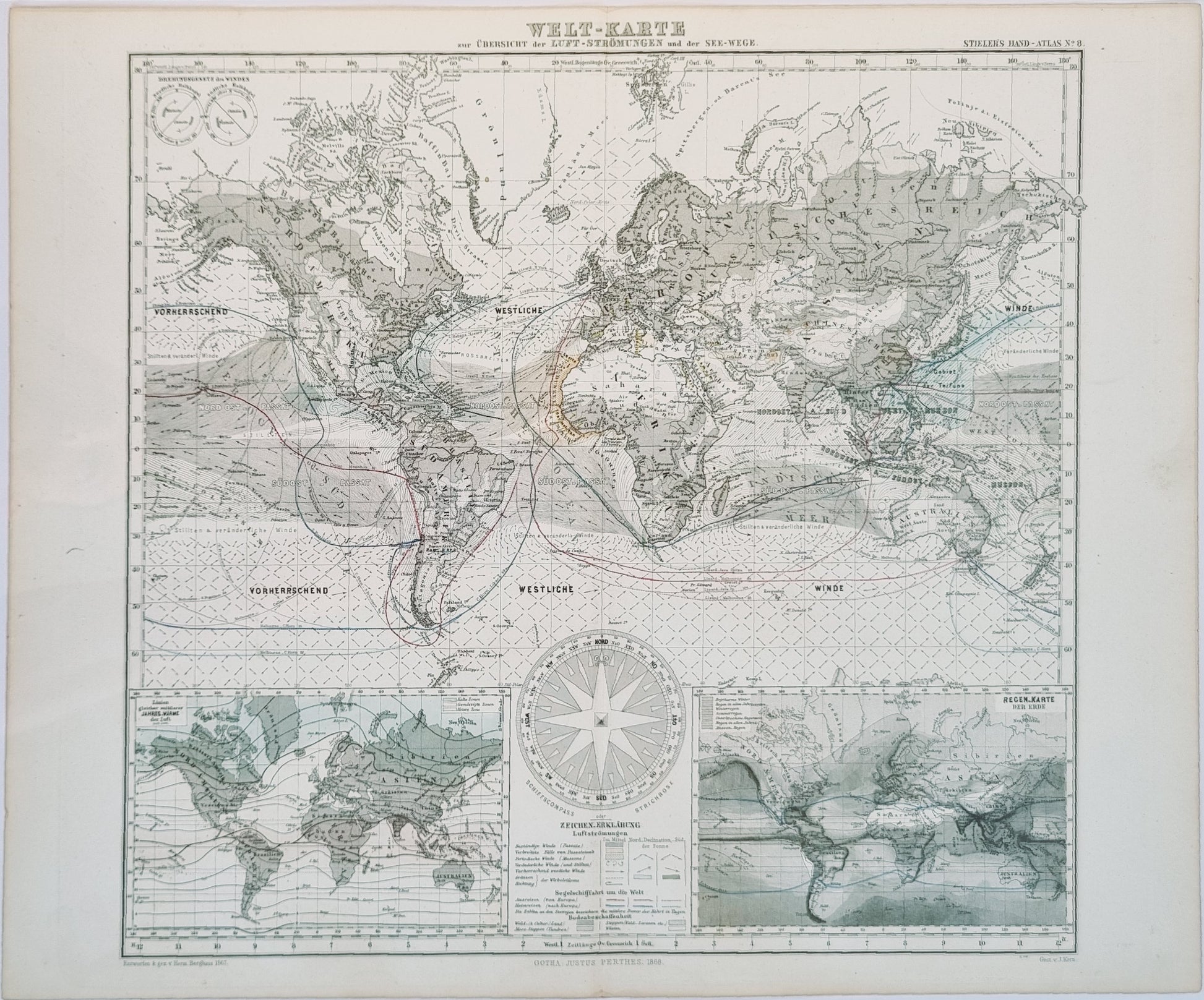 1868 World Map of Air Currents and Sea Routes