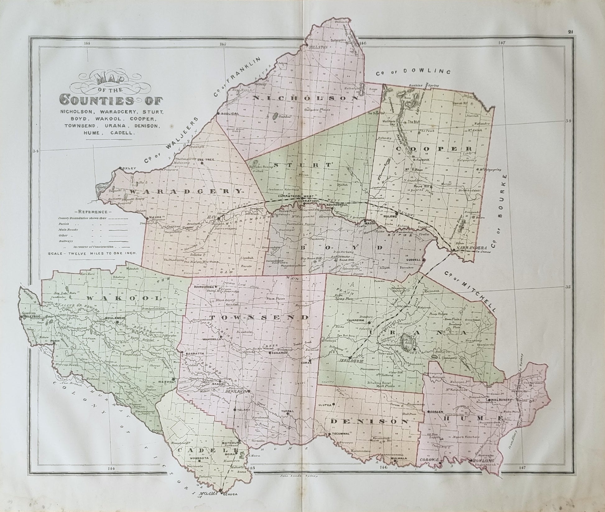 1886 - Map of the Counties of Nicholason, Waradgery..